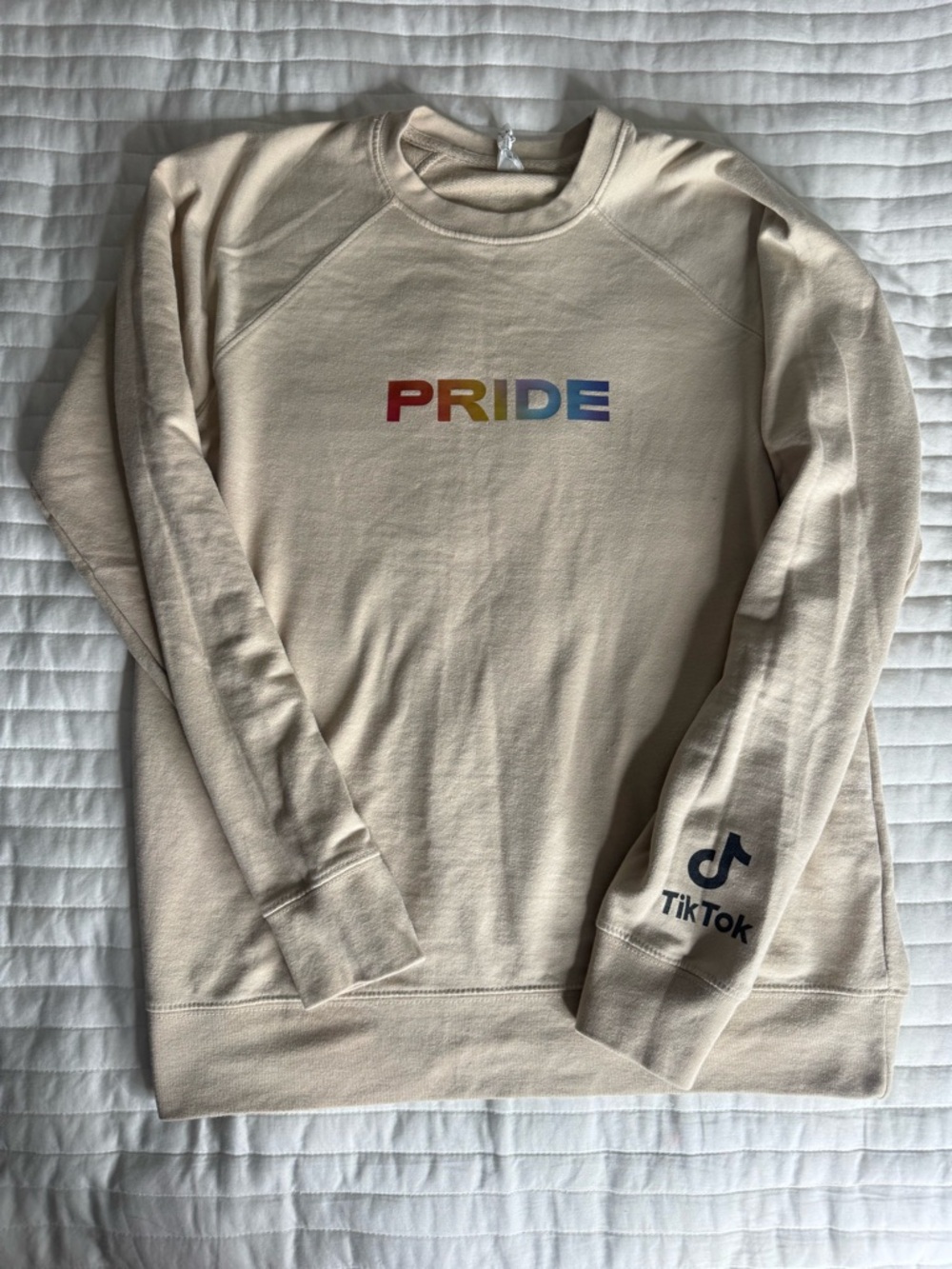 TIKTOK original Cream Crewneck Sweatshirt with Rainbow PRIDE Graphic - Picture 2 of 3